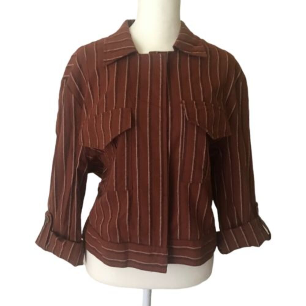 Mittoshop Blazer Womens Small Brown Striped Cropped Roll Tab Sleeve Boxy Fit
